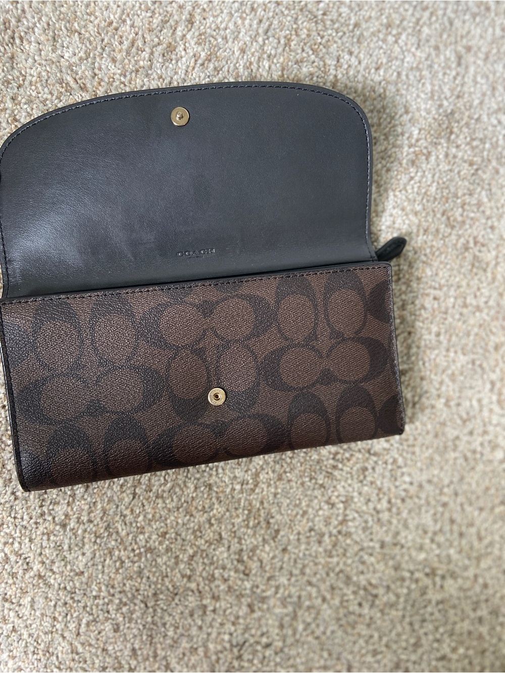 COACH Signature Slim Envelope Wallet Brown Black Leather Long Flap Clutch - Picture 3 of 13
